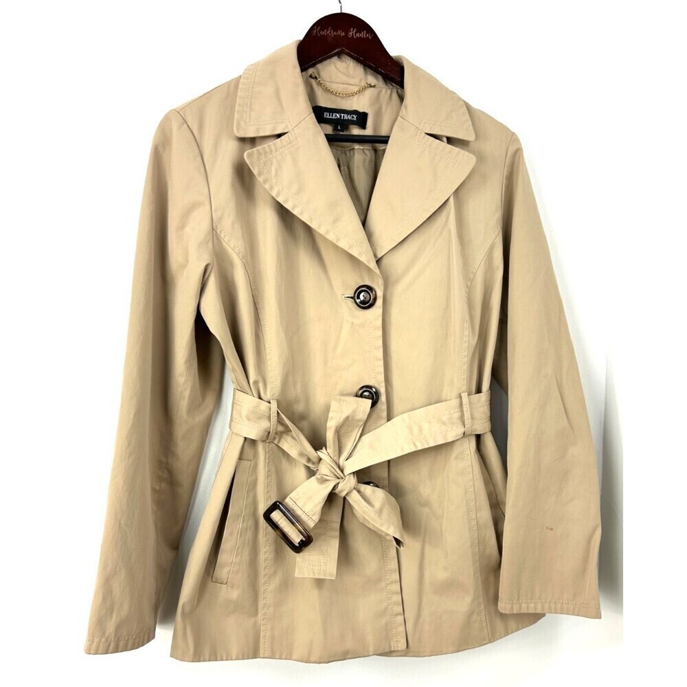 Ellen Tracy Womens Classic Tan Mid Length Trench Coat Small Flaw Sz L 1168N1 - Picture 2 of 12